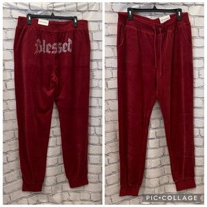 New Womens Active Lounge Wear Velour Pants XL BLESSED 60% Cotton Pockets
